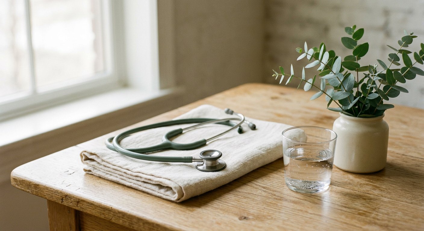 Stethoscope and eucalyptus on a linen towel in soft morning light